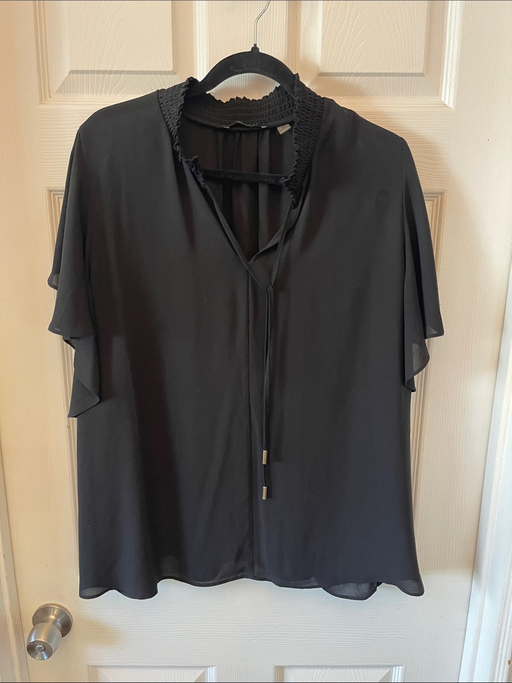 T Tahari Black Smocked Collar Tie-Front Blouse